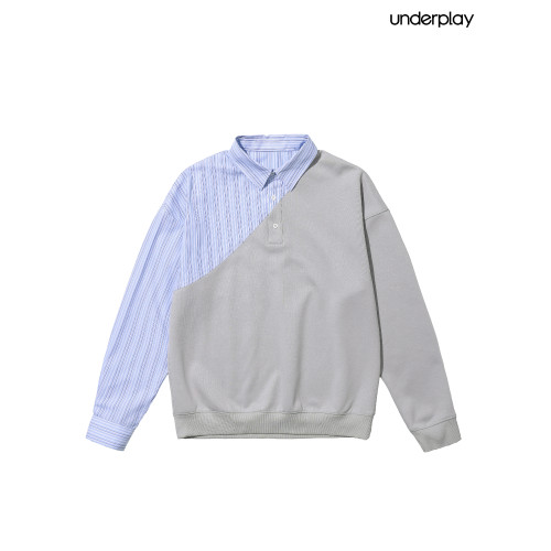 underplay原創設計hotnerd棉條紋天藍淺灰色假兩件拼接棉polo衛衣 underplay原創設計hotnerd棉條紋天藍淺灰色假兩件拼接棉polo衛衣