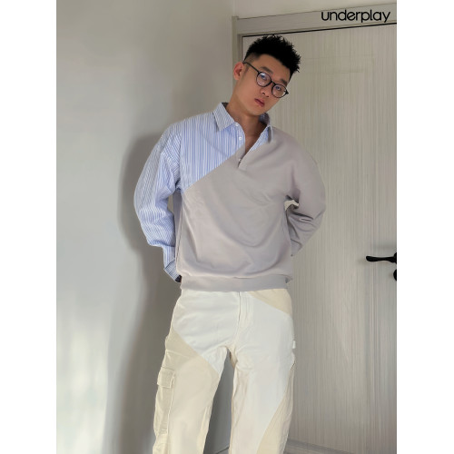 underplay原創設計hotnerd棉條紋天藍淺灰色假兩件拼接棉polo衛衣 underplay原創設計hotnerd棉條紋天藍淺灰色假兩件拼接棉polo衛衣
