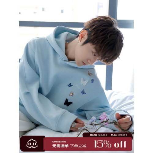 CHICERRO西西裡男裝原創蝴蝶元素連帽套頭衛衣男女同款藝術感上衣 CHICERRO西西裡男裝原創蝴蝶元素連帽套頭衛衣男女同款藝術感上衣