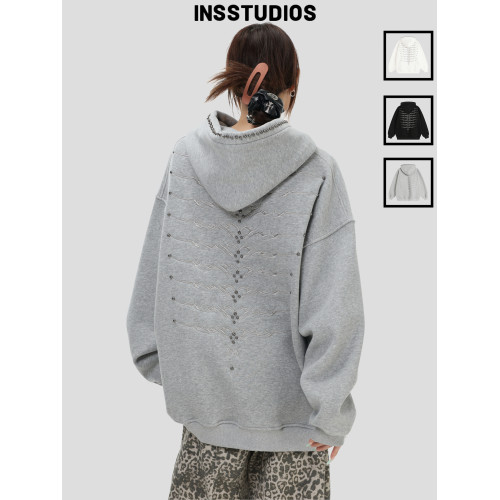 INSstudios 國潮情侶美式「鉚釘脊骨刺綉連帽衛衣」寬鬆加絨帽衫 INSstudios 國潮情侶美式「鉚釘脊骨刺綉連帽衛衣」寬鬆加絨帽衫
