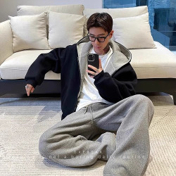 重磅開衫衛衣男大碼秋季美式廊形連帽夾克vibe高街撞色休閒外套潮