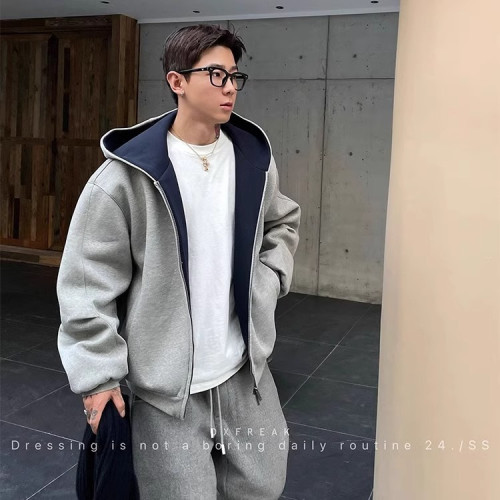 重磅開衫衛衣男大碼秋季美式廊形連帽夾克vibe高街撞色休閒外套潮