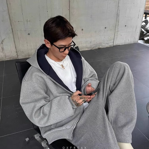 重磅開衫衛衣男大碼秋季美式廊形連帽夾克vibe高街撞色休閒外套潮