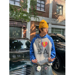 EAHO自製美式字母印花拼色連帽衛衣男女春秋寬松休閒百搭套頭帽衫