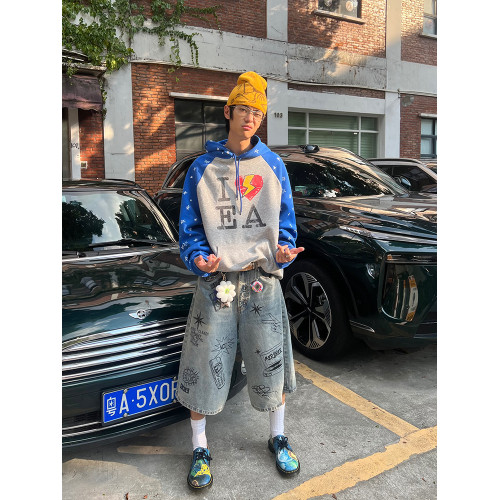 EAHO自製美式字母印花拼色連帽衛衣男女春秋寬松休閒百搭套頭帽衫 EAHO自製美式字母印花拼色連帽衛衣男女春秋寬松休閒百搭套頭帽衫