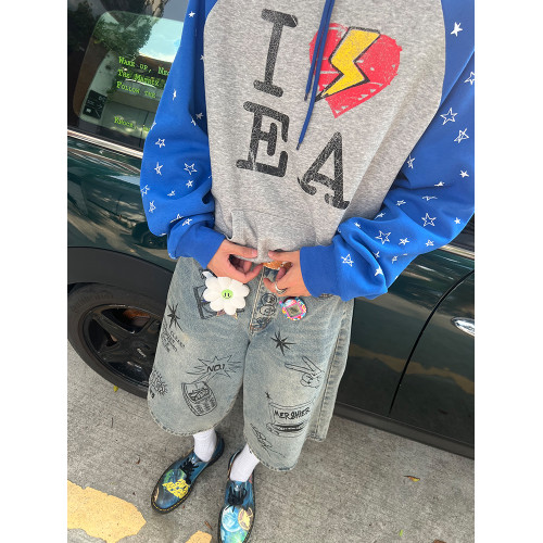 EAHO自製美式字母印花拼色連帽衛衣男女春秋寬松休閒百搭套頭帽衫 EAHO自製美式字母印花拼色連帽衛衣男女春秋寬松休閒百搭套頭帽衫