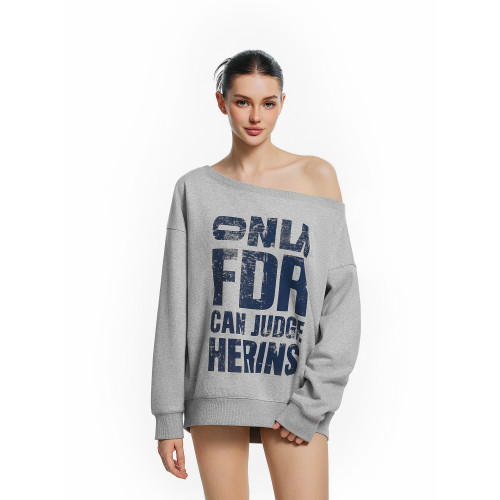 FDR官方店 大標識斑駁斜肩衛衣女春季美式蓄熱保暖一字肩長袖上衣