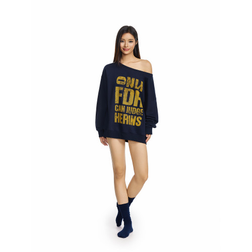 FDR官方店 大標識斑駁斜肩衛衣女春季美式蓄熱保暖一字肩長袖上衣