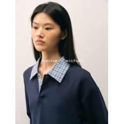 NO  / 紅標萊卡萊賽爾空氣層翻領POLO千鳥格藍格紋長袖衛衣