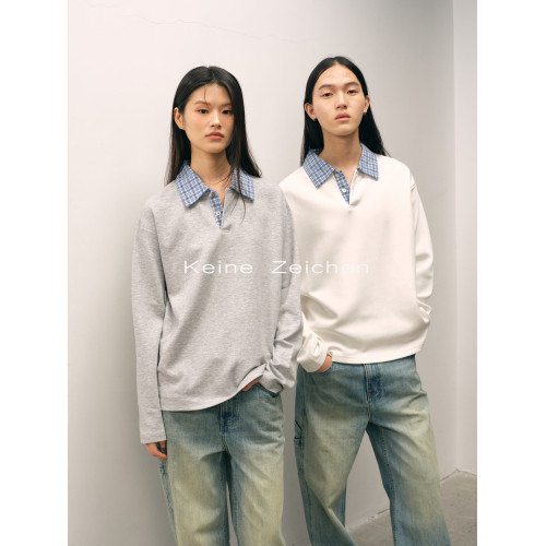 NO / 紅標萊卡萊賽爾空氣層翻領POLO千鳥格藍格紋長袖衛衣 NO / 紅標萊卡萊賽爾空氣層翻領POLO千鳥格藍格紋長袖衛衣