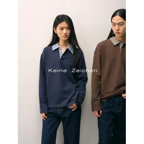 NO / 紅標萊卡萊賽爾空氣層翻領POLO千鳥格藍格紋長袖衛衣 NO / 紅標萊卡萊賽爾空氣層翻領POLO千鳥格藍格紋長袖衛衣