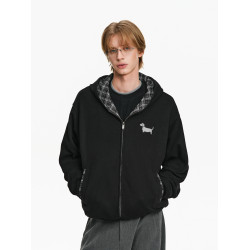 PCLP格紋拼接恒溫暖皮衛衣開衫 春秋季保暖情侶寬松拉鍊連帽外套