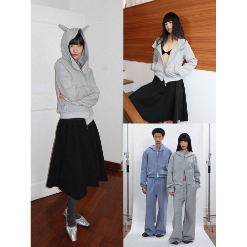 FUNKYFUN 2025AW 短款立領側縫別針印花太空棉惡魔角連帽開衫衛衣