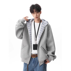 500G重磅美式格紋拼接連帽衛衣男秋季慵懶寬松外套休閒運動夾克