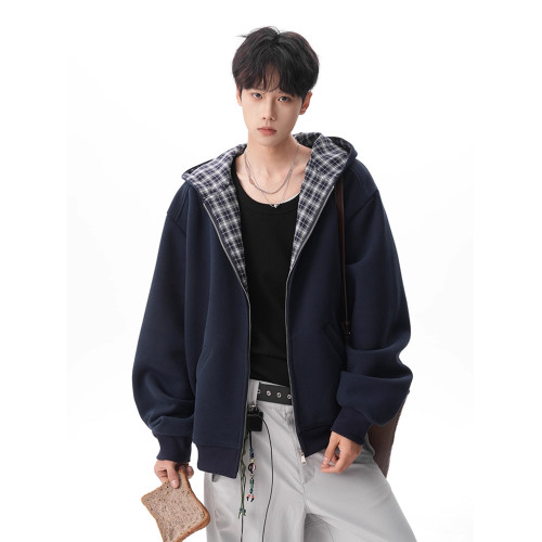 500G重磅美式格紋拼接連帽衛衣男秋季慵懶寬松外套休閒運動夾克 500G重磅美式格紋拼接連帽衛衣男秋季慵懶寬松外套休閒運動夾克