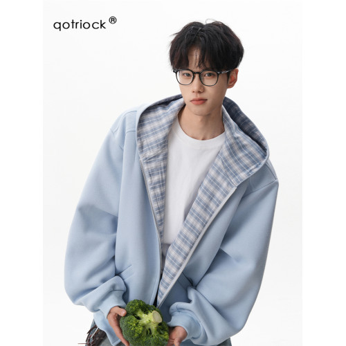 500G重磅美式格紋拼接連帽衛衣男秋季慵懶寬松外套休閒運動夾克 500G重磅美式格紋拼接連帽衛衣男秋季慵懶寬松外套休閒運動夾克