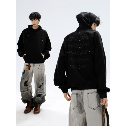 美式小衆脊骨釘珠刺綉連帽衛衣男款春秋季高街復古寬松設計感上衣 美式小衆脊骨釘珠刺綉連帽衛衣男款春秋季高街復古寬松設計感上衣