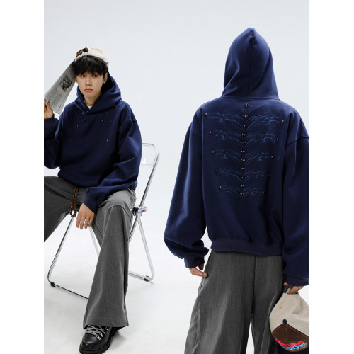 美式小衆脊骨釘珠刺綉連帽衛衣男款春秋季高街復古寬松設計感上衣 美式小衆脊骨釘珠刺綉連帽衛衣男款春秋季高街復古寬松設計感上衣