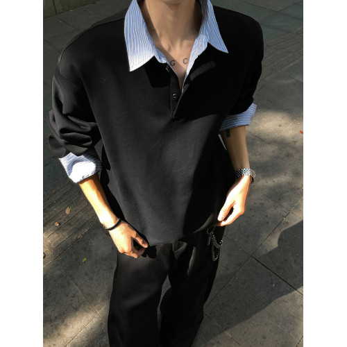 假兩件襯衫領衛衣男款秋冬季潮牌寬松加絨重磅長袖T恤休閒上衣服 假兩件襯衫領衛衣男款秋冬季潮牌寬松加絨重磅長袖T恤休閒上衣服