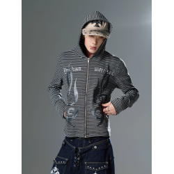 DETW 25AW*小衆圖騰哥特音符*條紋拉鍊正肩修身連帽開衫外套男女