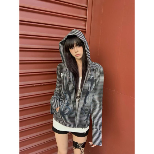 DETW 25AW*小衆圖騰哥特音符*條紋拉鍊正肩修身連帽開衫外套男女 DETW 25AW*小衆圖騰哥特音符*條紋拉鍊正肩修身連帽開衫外套男女