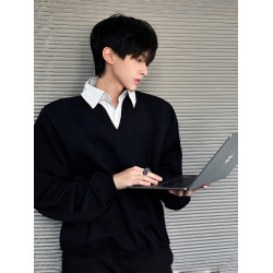 淺花灰條紋假兩件衛衣男款秋季學院風boxy短寬版型V領長袖POLO衫