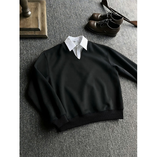 淺花灰條紋假兩件衛衣男款秋季學院風boxy短寬版型V領長袖POLO衫 淺花灰條紋假兩件衛衣男款秋季學院風boxy短寬版型V領長袖POLO衫