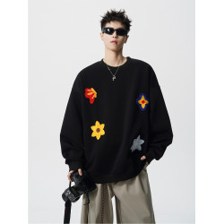美式花卉刺綉重磅圓領衛衣男潮牌秋冬寬松加絨加厚休閒黑色上衣服
