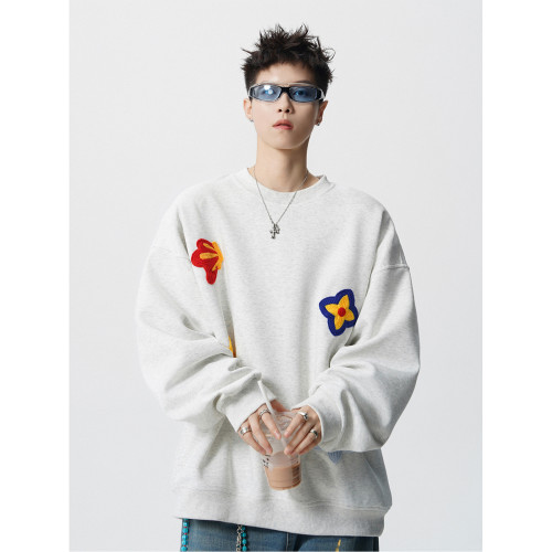 美式花卉刺綉重磅圓領衛衣男潮牌秋冬寬松加絨加厚休閒黑色上衣服 美式花卉刺綉重磅圓領衛衣男潮牌秋冬寬松加絨加厚休閒黑色上衣服