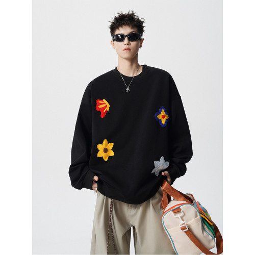 美式花卉刺綉重磅圓領衛衣男潮牌秋冬寬松加絨加厚休閒黑色上衣服 美式花卉刺綉重磅圓領衛衣男潮牌秋冬寬松加絨加厚休閒黑色上衣服