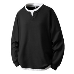 大碼假兩件亨利領衛衣男2025新款韓版寬松百搭休閒套頭內搭打底衫