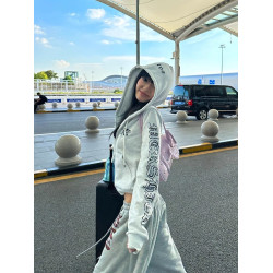 CGGA美式復古袖邊哥特字母印花連帽開衫衛衣男女春秋寬松休閒外套