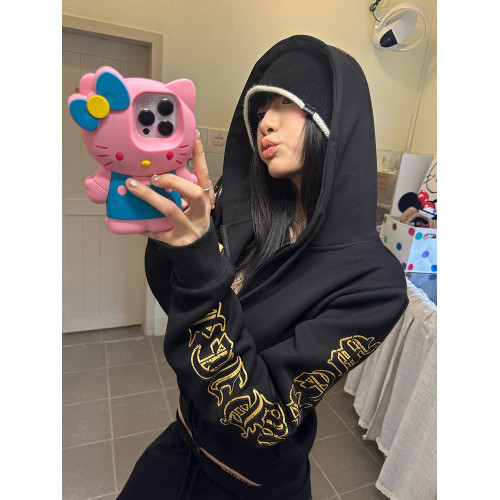 CGGA美式復古袖邊哥特字母印花連帽開衫衛衣男女春秋寬松休閒外套