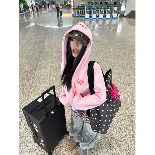 CGGA美式復古袖邊哥特字母印花連帽開衫衛衣男女春秋寬松休閒外套