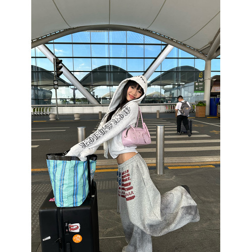 CGGA美式復古袖邊哥特字母印花連帽開衫衛衣男女春秋寬松休閒外套