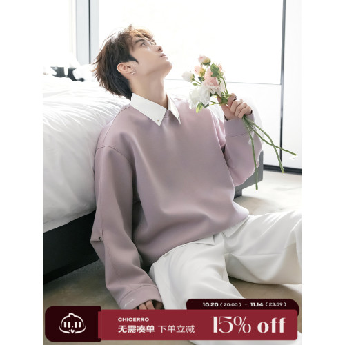 CHICERRO西西裡男裝粉色基礎款學院風金屬釦圓領衛衣男潮百搭高級 CHICERRO西西裡男裝粉色基礎款學院風金屬釦圓領衛衣男潮百搭高級