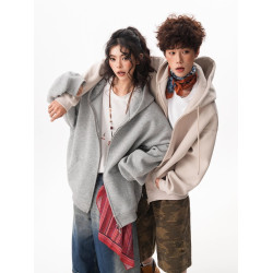 美式復古純色連帽衛衣男女秋季oversize情侶外套寬松百搭開衫上衣