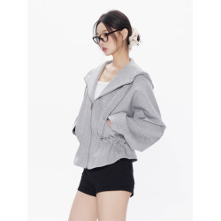 CODICE LAB 空氣層可調節抽褶花苞邊收腰連帽衛衣寬松短款上衣