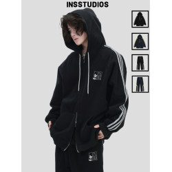 INSstudios 國潮情侶美式「刺綉條紋開衫衛衣」寬松運動衛褲外套