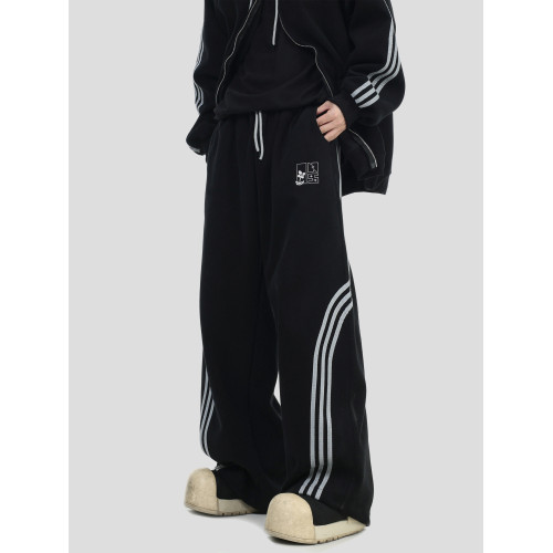 INSstudios 國潮情侶美式「刺綉條紋開衫衛衣」寬松運動衛褲外套