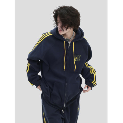 INSstudios 國潮情侶美式「刺綉條紋開衫衛衣」寬松運動衛褲外套