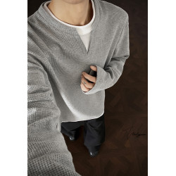 V37華夫格假兩件長袖T恤男秋美式純色V領打底衫高街休閒內搭上衣