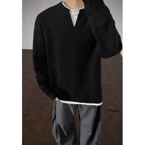 V37華夫格假兩件長袖T恤男秋美式純色V領打底衫高街休閒內搭上衣 V37華夫格假兩件長袖T恤男秋美式純色V領打底衫高街休閒內搭上衣