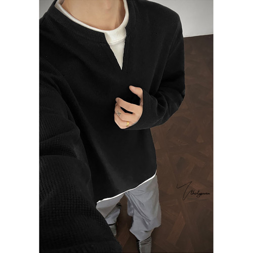 V37華夫格假兩件長袖T恤男秋美式純色V領打底衫高街休閒內搭上衣 V37華夫格假兩件長袖T恤男秋美式純色V領打底衫高街休閒內搭上衣