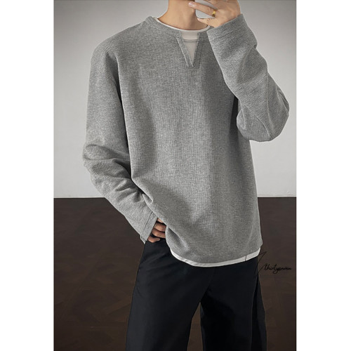 V37華夫格假兩件長袖T恤男秋美式純色V領打底衫高街休閒內搭上衣 V37華夫格假兩件長袖T恤男秋美式純色V領打底衫高街休閒內搭上衣