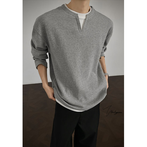 V37華夫格假兩件長袖T恤男秋美式純色V領打底衫高街休閒內搭上衣 V37華夫格假兩件長袖T恤男秋美式純色V領打底衫高街休閒內搭上衣