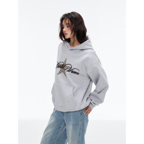 Archivum 美式復古豹紋星星印花圖案加絨套頭連帽寬松衛衣長袖秋 Archivum 美式復古豹紋星星印花圖案加絨套頭連帽寬松衛衣長袖秋