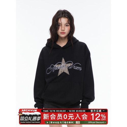 Archivum 美式復古豹紋星星印花圖案加絨套頭連帽寬松衛衣長袖秋 Archivum 美式復古豹紋星星印花圖案加絨套頭連帽寬松衛衣長袖秋