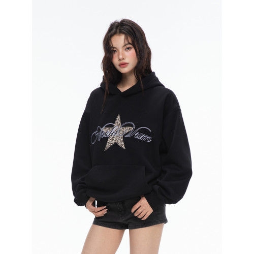 Archivum 美式復古豹紋星星印花圖案加絨套頭連帽寬松衛衣長袖秋 Archivum 美式復古豹紋星星印花圖案加絨套頭連帽寬松衛衣長袖秋