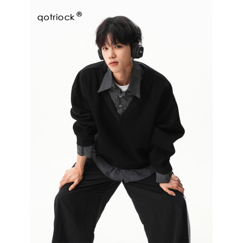 高智感假兩件POLO衛衣男秋季寬松撞色拼接長袖miu系加厚情侶外套 高智感假兩件POLO衛衣男秋季寬松撞色拼接長袖miu系加厚情侶外套